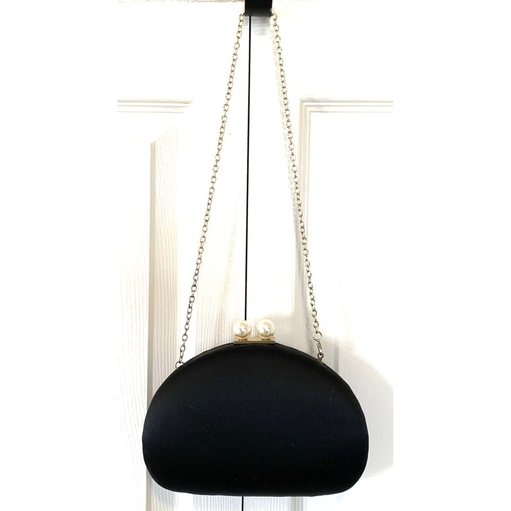 Kate Landry Little Black Formal Clutch with Pearl Clasp and Gold Colored Chain